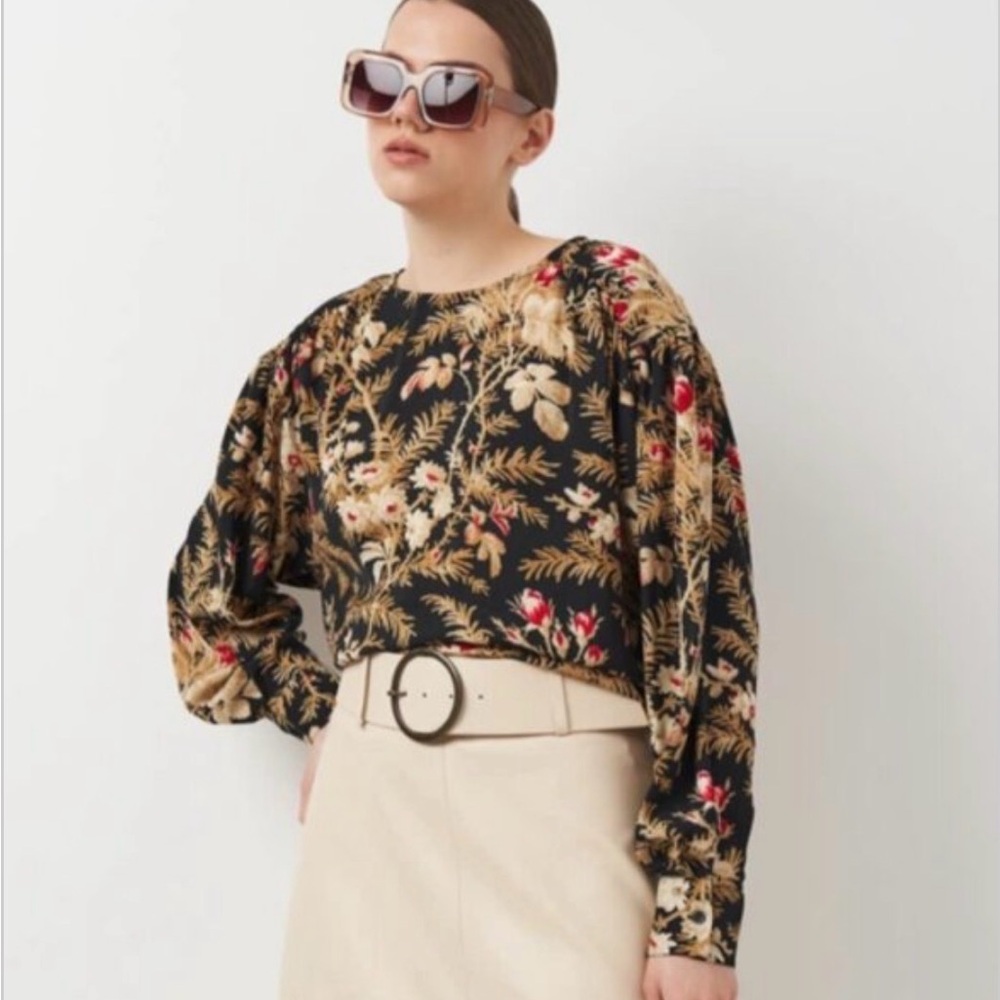 H&M black floral blouse with long sleeves and a keyhole back